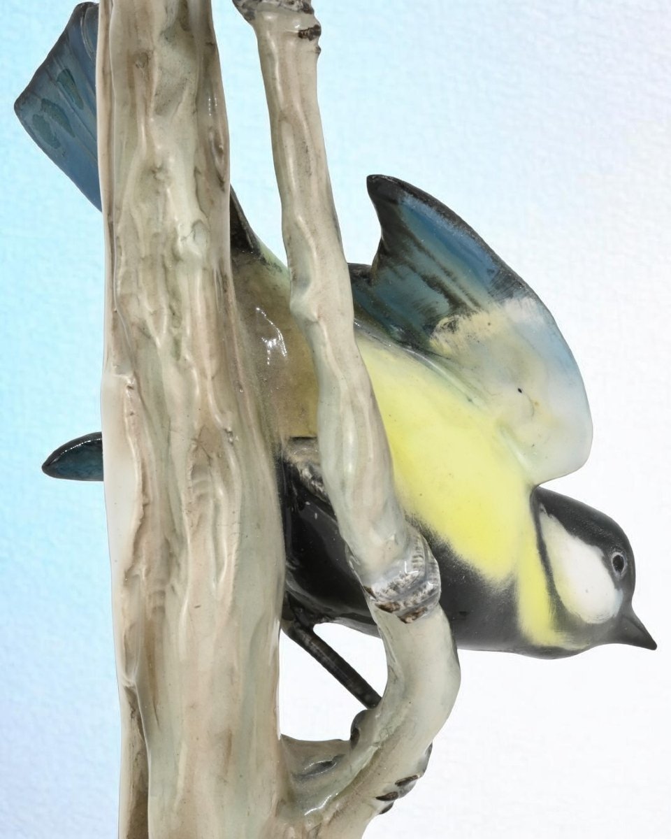 Pair Of Birds On A Branch, Polychrome Porcelain - Italy, 1940s-photo-2